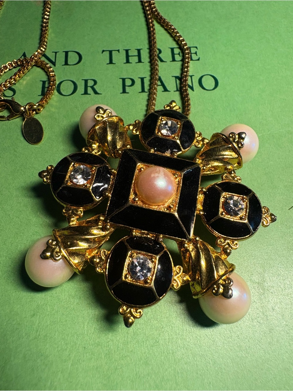 Vintage Premier Maltese Cross Gold Black Enamel & Pearl Pendant Necklace